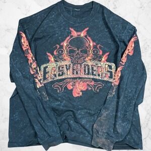 Easyriders Rodeo Tour 2009 Long Sleeve Shirt Skull Flame Acid Wash Mens XL